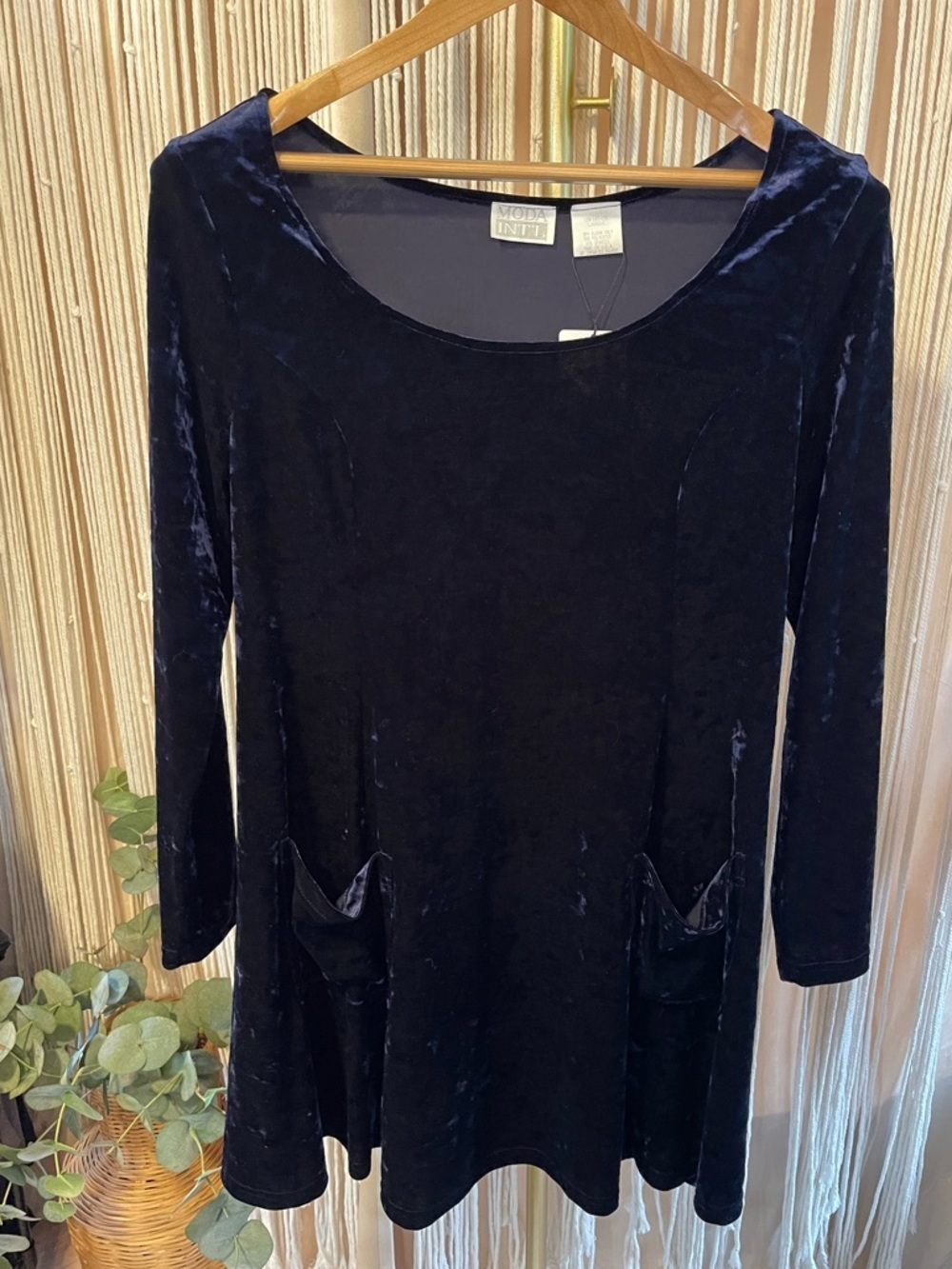 Vintage Moda International Crushed Velvet Babydoll Dress Tunic Navy Blue Large
